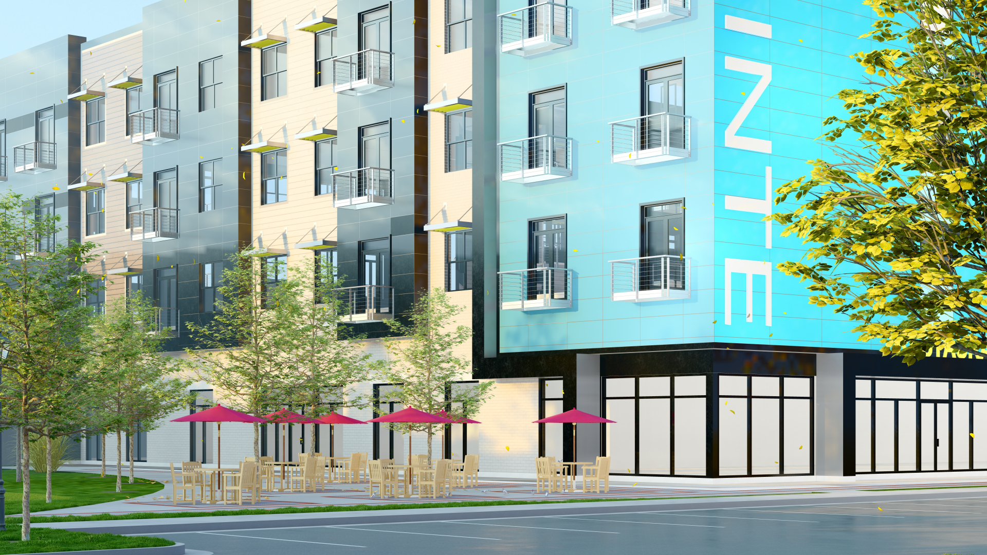 Rendering of the restaurant space available for lease at Bowman Pointe Apartments in Little Rock, Arkansas. Features 6,000 square feet plus a 2,000 square foot outdoor dining area.