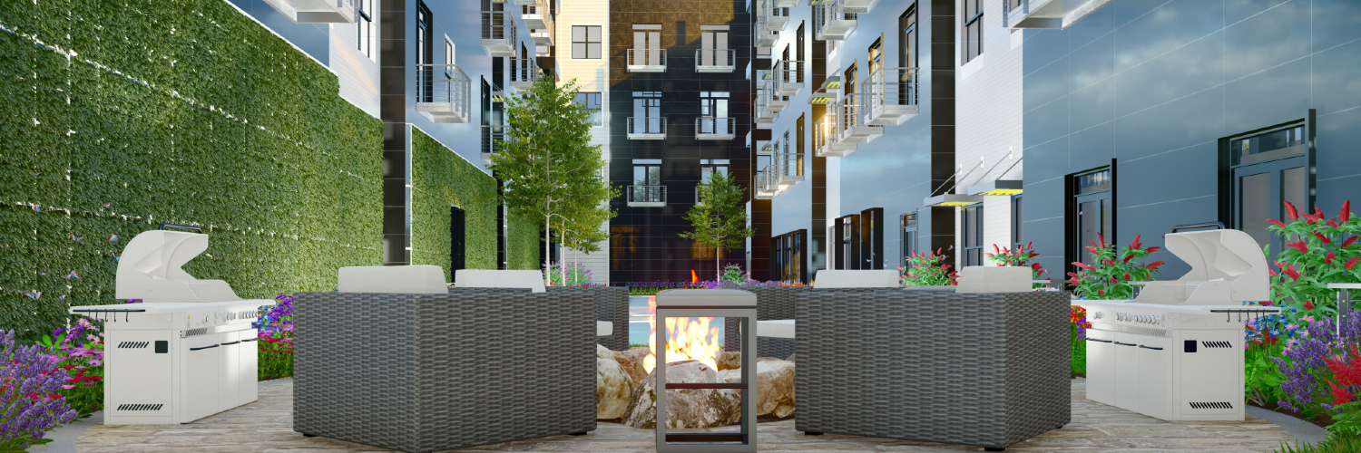 Rendering of the courtyard and pool area inside Building 14 at Bowman Pointe Luxury Apartments in Little Rock, Arkansas. There is a fire pit, lounge chairs, and grills in the foreground. In the background, there is part of the pool with some landscaping an several walls of greenery going up the side of the building.
