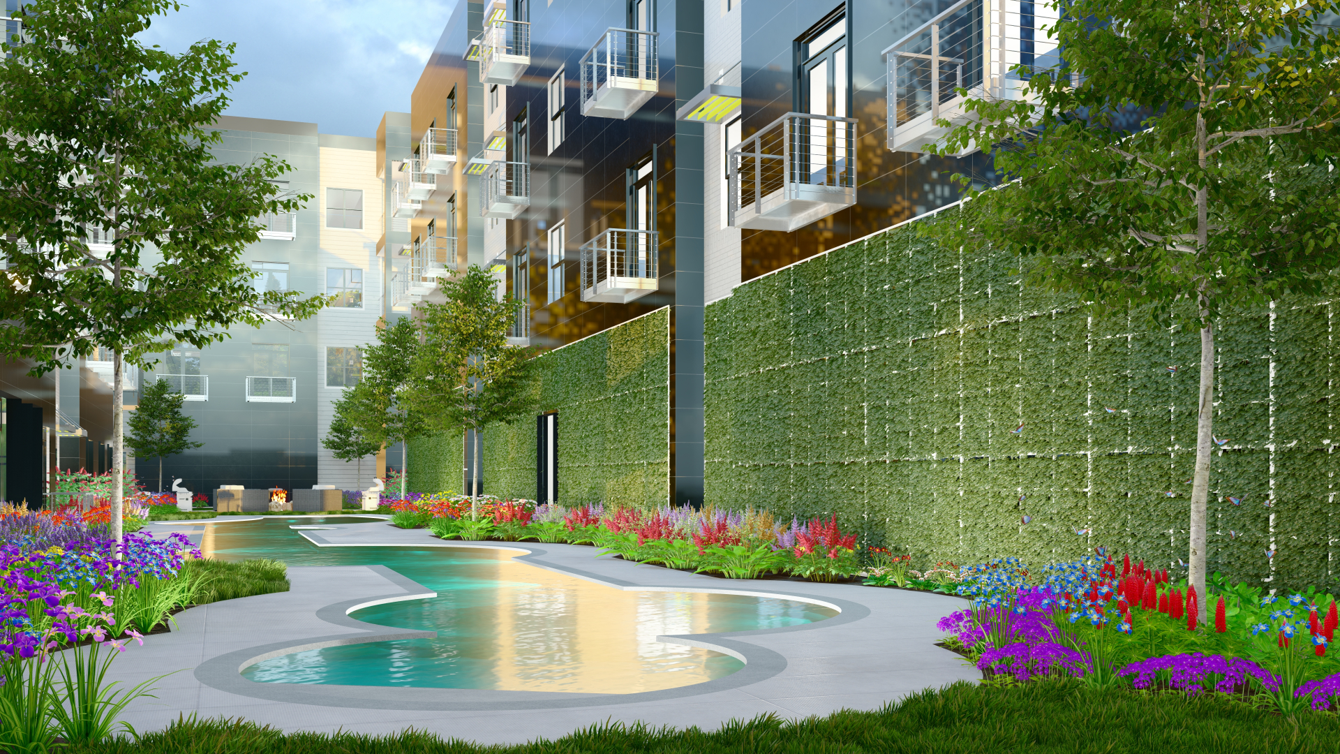 Rendering of the courtyard pool under construction at a new luxury apartment building at Bowman Pointe in Little Rock, Arkansas.