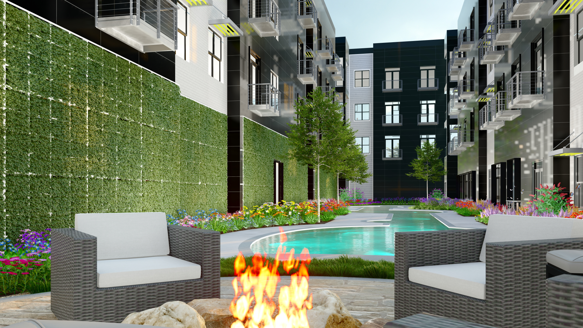 Rendering of the courtyard inside Building 14 at Bowman Pointe Apartments. The courtyard features a fire pit, grills, and a small private pool.