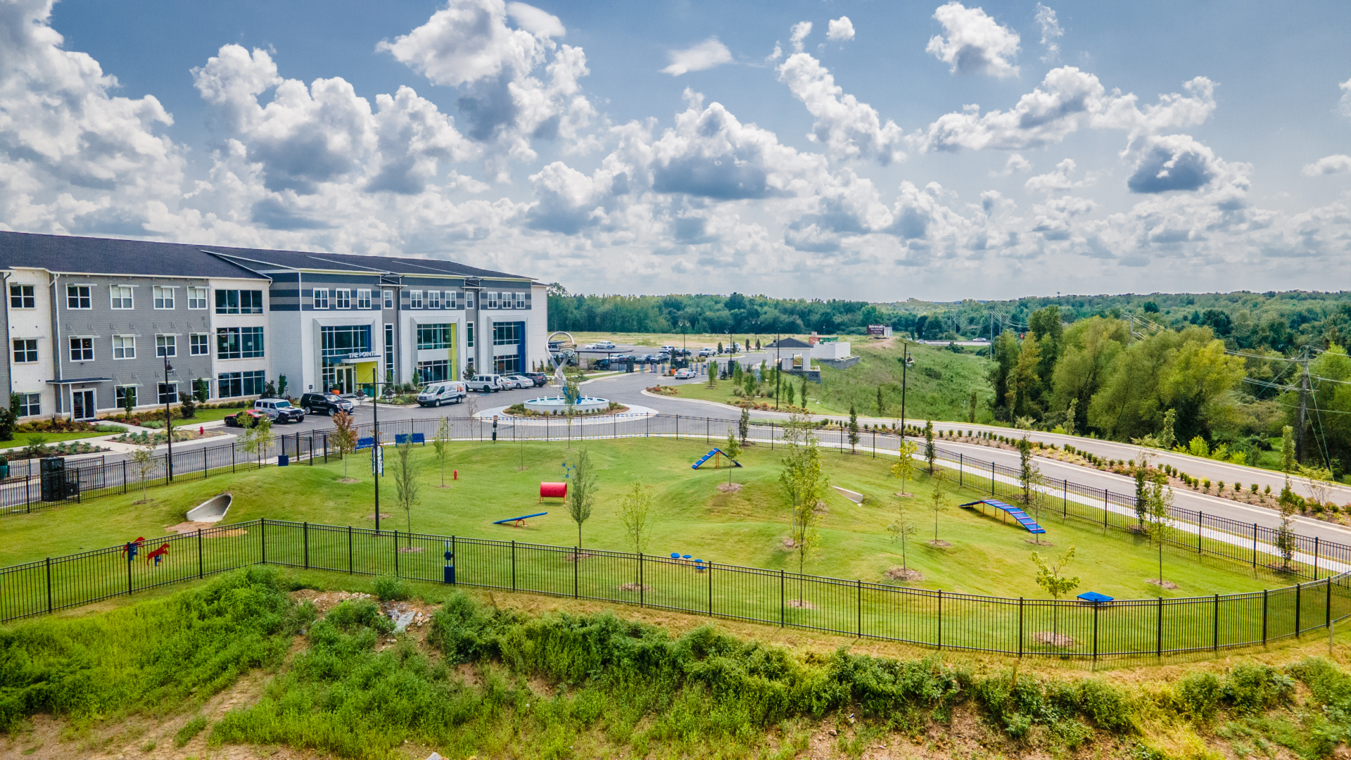 Aerial view of the dog park at The Pointe North Hills Luxury Apartments in North Little Rock.